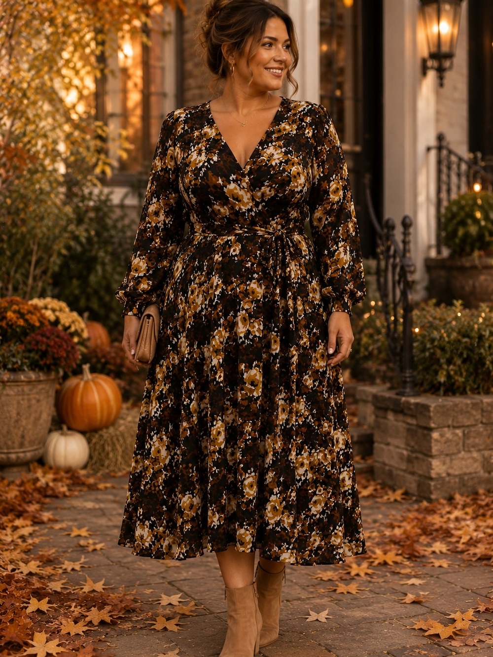 Danny & Nicole Black and Brown Floral Midi Dress